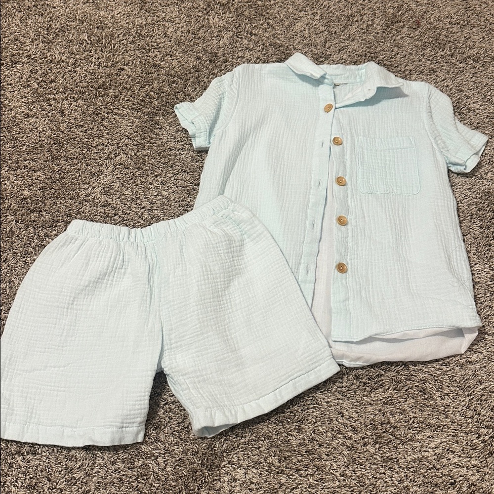 Boys Light Blue Button-Up Shirt and Shorts Set